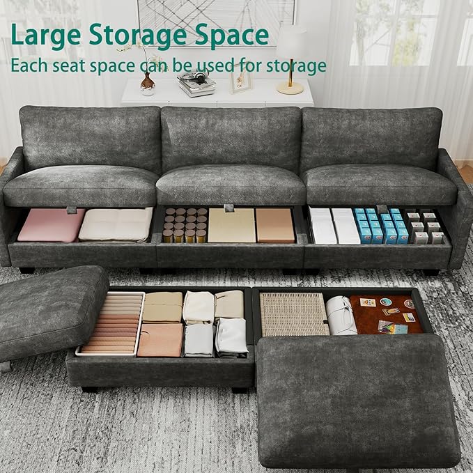 OhaiAura Modular Sectional U Shaped Sofa Couches for Living Room, Cloud Couch with Storage Ottoman, Comfy Chenille Sofa with Pillow, Dark Gray