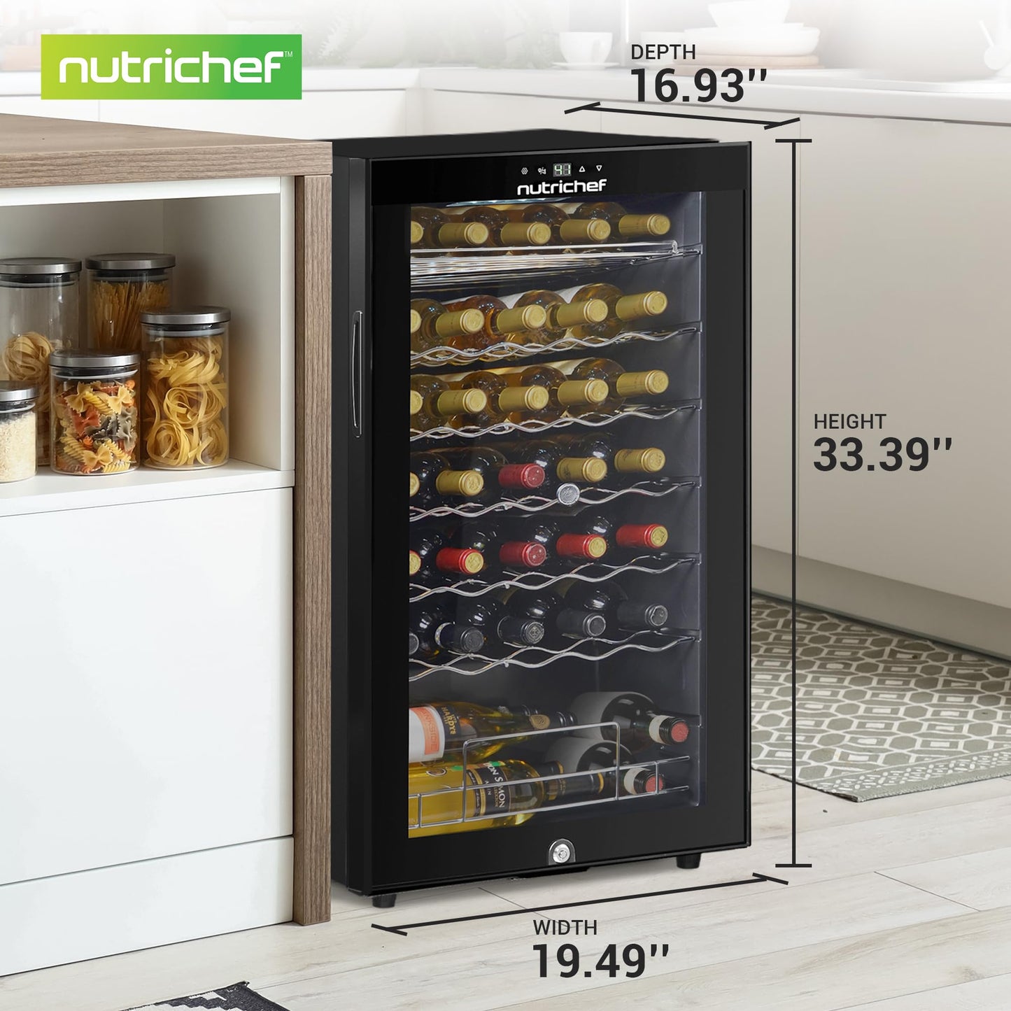 Nutrichef 34 Bottle Wine Fridge | Single Zone Wine Chiller Great for both Red & White Wines | Adjustable Temp 41°F - 64°F | Ultra Quiet Operation | Wine Cooler for Home & Office | 33x19x17 IN (Black)