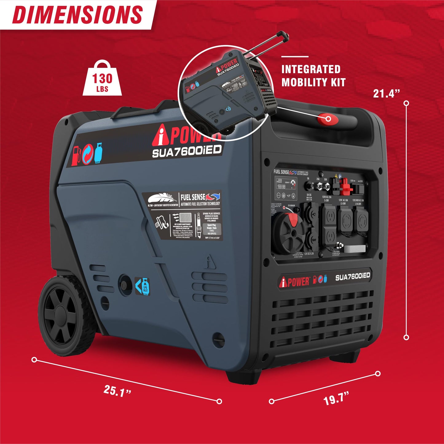 A-iPower 7600W Dual Fuel Quiet Portable Inverter Generator, Electric Start RV Ready, EPA & CARB Compliant CO Sensor, With Telescopic Handle For Backup Home Use, Tailgating & Camping (SUA7600iED)