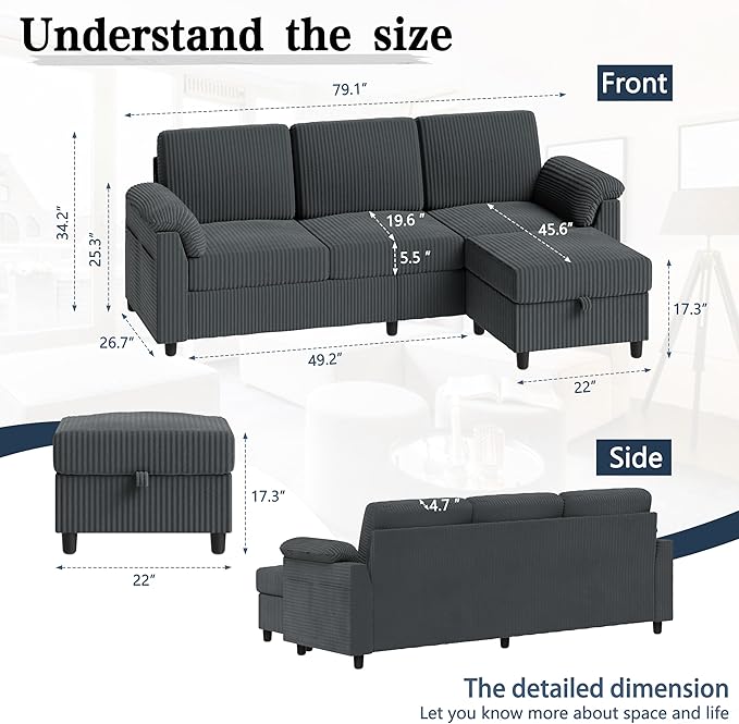 Meilocar Sectional Couches for Living Room, L Shaped Couch with Side Storage Pockage, Comfortable 3 Seat Sofa Couches for Apartment, Grey