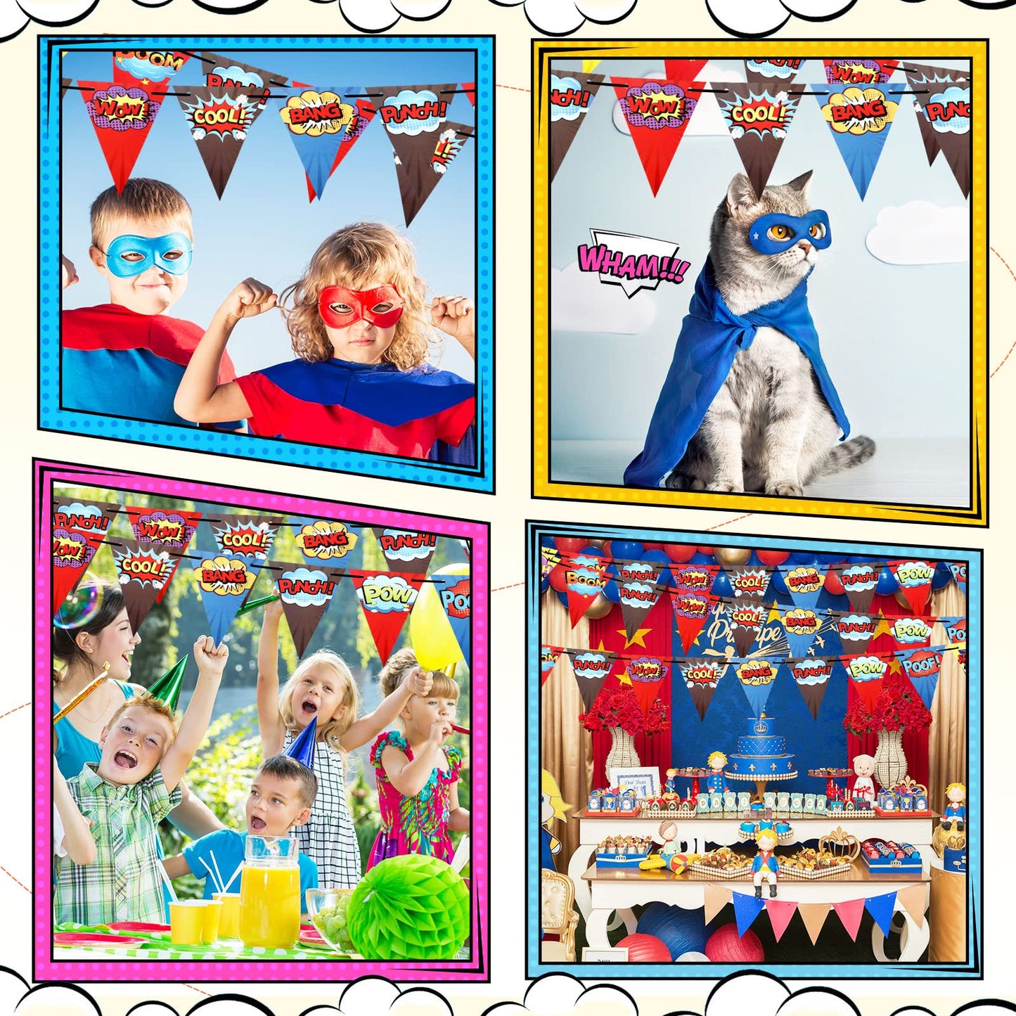 Breling 4 Pcs Hero Birthday Party Banner Decorations Hero Paper Pennant Banner Garland Decor for Kids Boys Birthday Party Supplies Baby Shower Wall Decoration