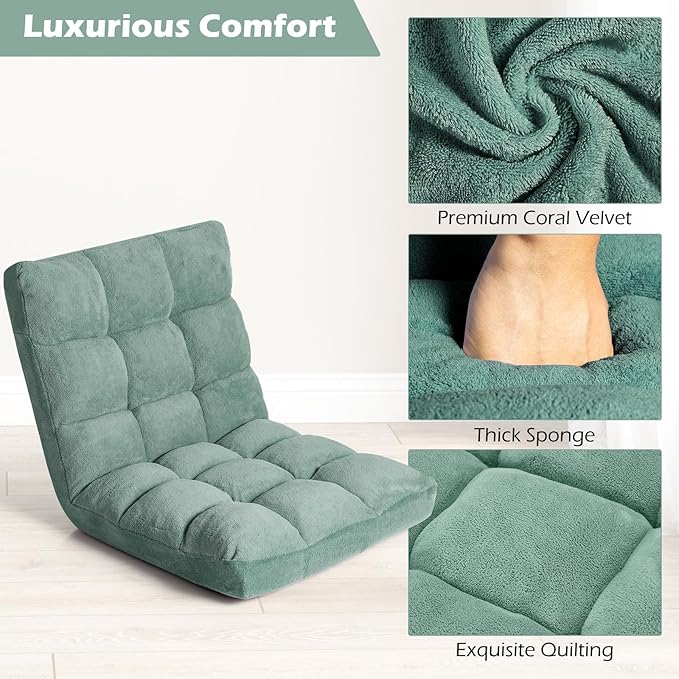 COSTWAY Floor Chair, Video Gaming Chairs with Back Support, Adjustable 14-Position, Alloy Steel Frame, Soft Coral Fleece, Lazy Sofa Lounge for Reading Living Room Recliner for Adults Kids (Green)