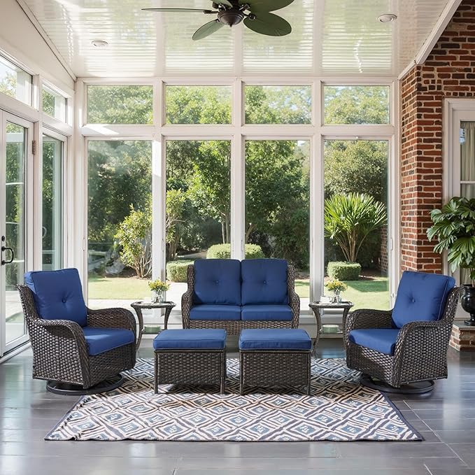 Belord Outdoor Patio Furniture Set - 7 Piece Brown Wicker Conversation Patio Furniture Set All Weather Swivel Chairs with Ottoman and Loveseat Glider Chair for Deck Balcony Backyard