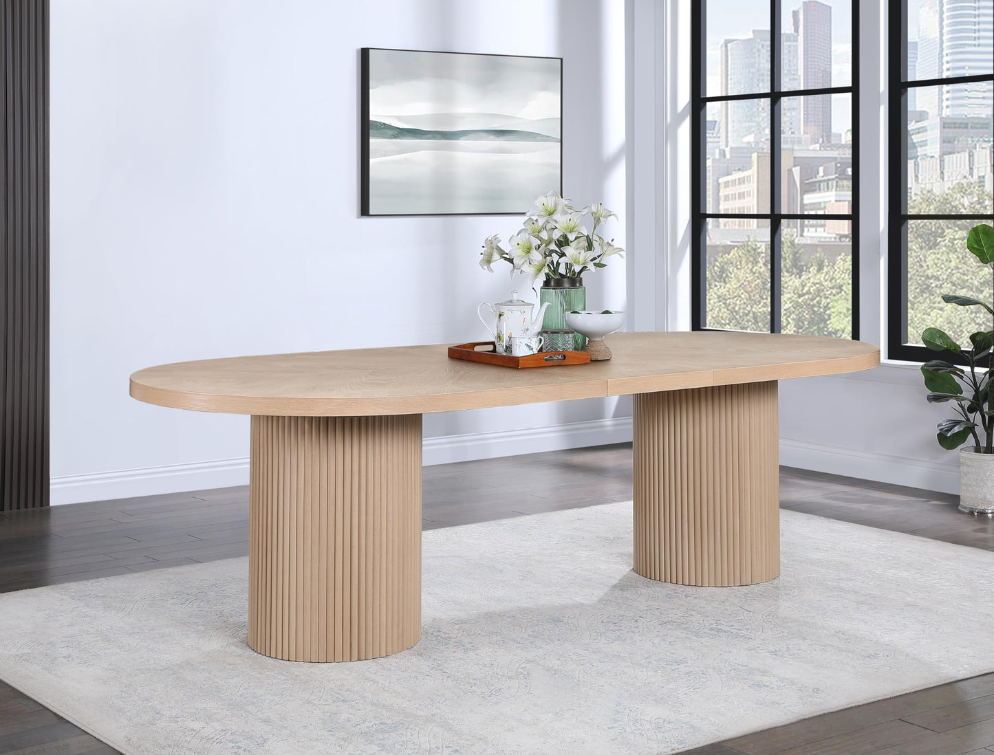 Meridian Furniture 725Oak-T Belinda Collection Mid-Century Modern Solid Wood White Oak Veneer Dining Table, Oval Design, Fluted Bases, 2 Leaves Included, 90"/106.5"/123" W x 47.5" D x 31" H, White