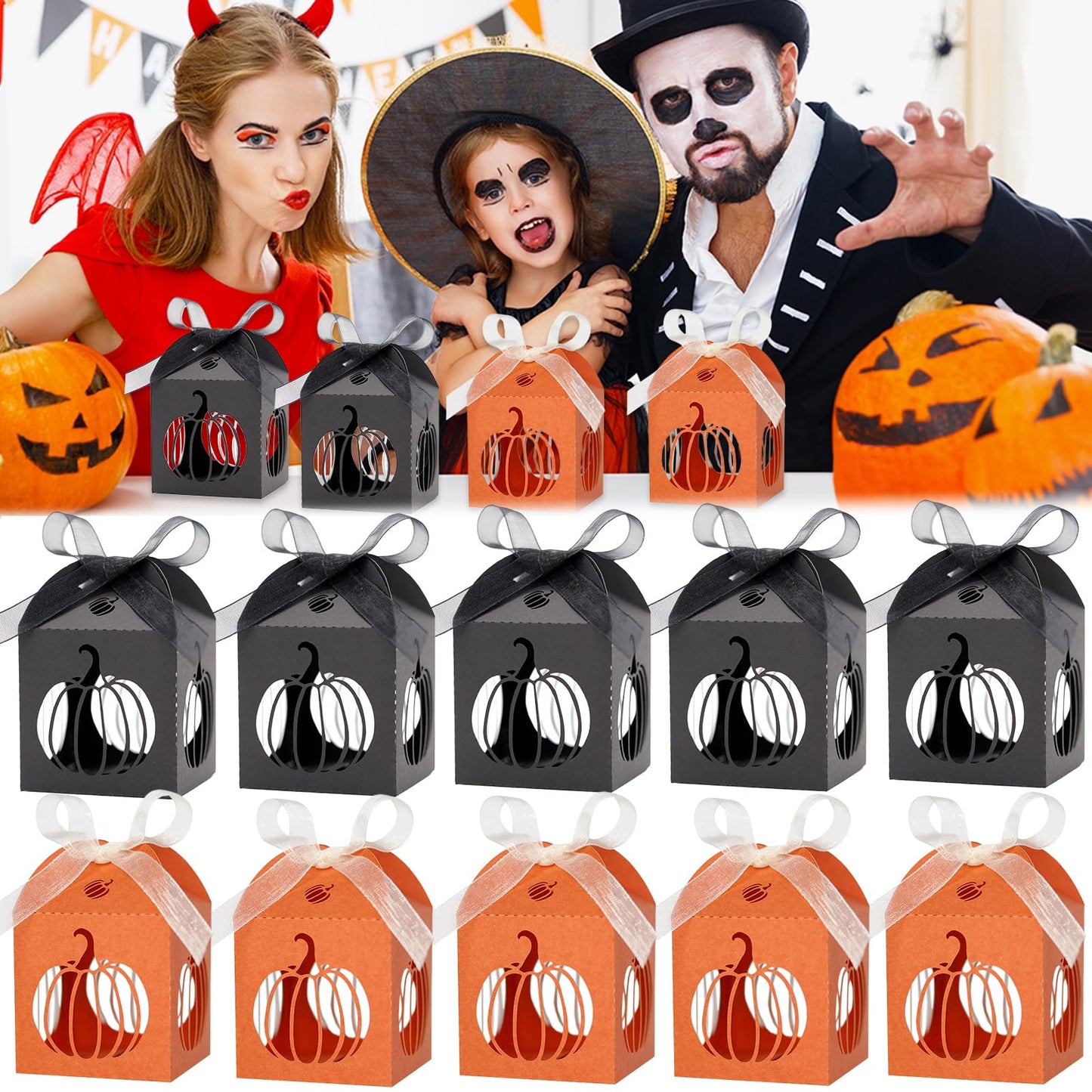 Ncozwo 20 Pcs Halloween Party Treat Boxes Pumpkin Candy Cookies Gift Box Hollowed-out Pumpkin Favor Boxes Hollow Die-Cut Cardboard Chocolate Container for Party Supplies Decorations (Black, Orange)