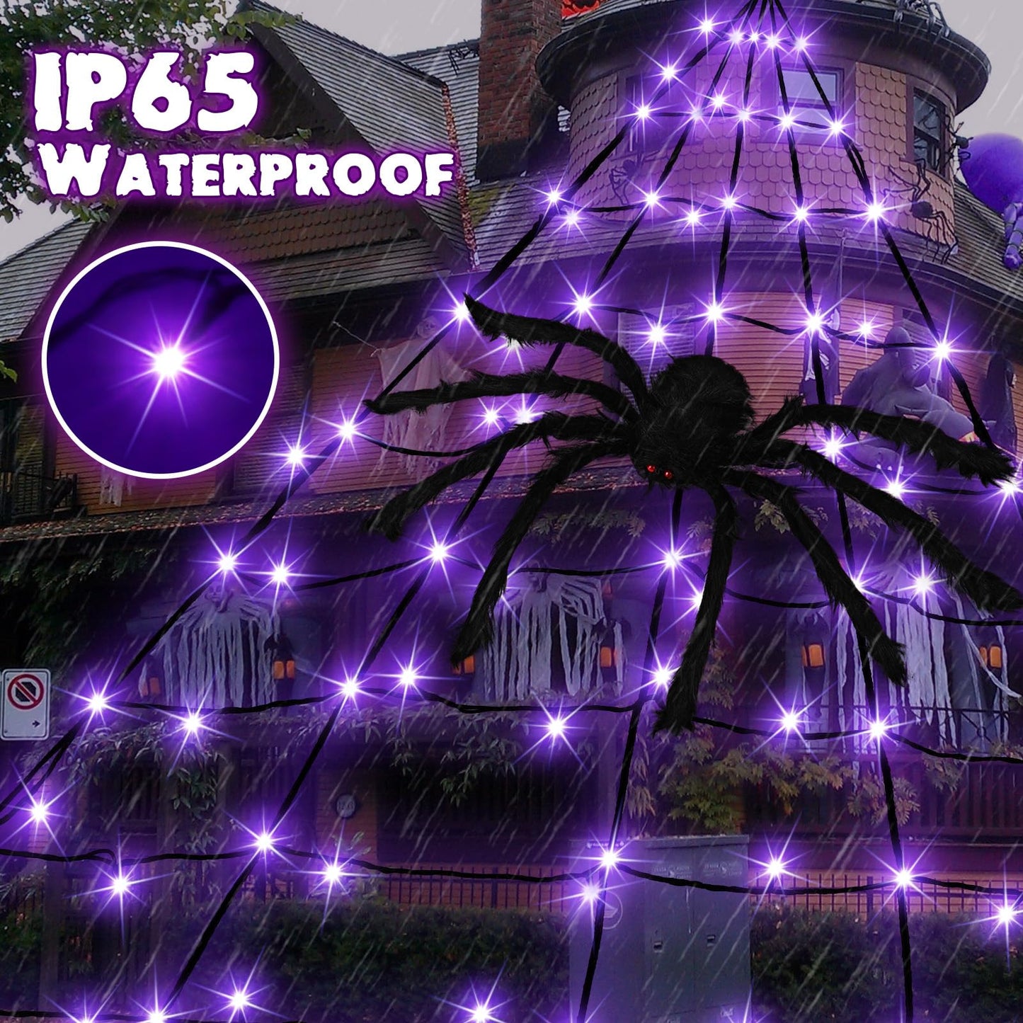 PUHONG Halloween Decorations 19.6Ft Spider Web Lights with 250 LEDs 8 Modes Waterproof Outdoor Plug-in Triangular Spider Web with Purple Lights for Yard Home Parties Haunted House Decor
