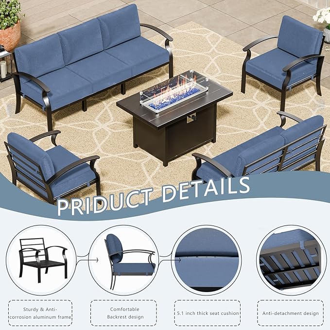 RTDTD Aluminum Outdoor Patio Furniture Set,5 Pieces 7 Seats Patio Conversation Sets with 45" Propane Fire Pit Table,Metal Patio Sectional Furniture Set w/5.1" Cushions,Navy Blue