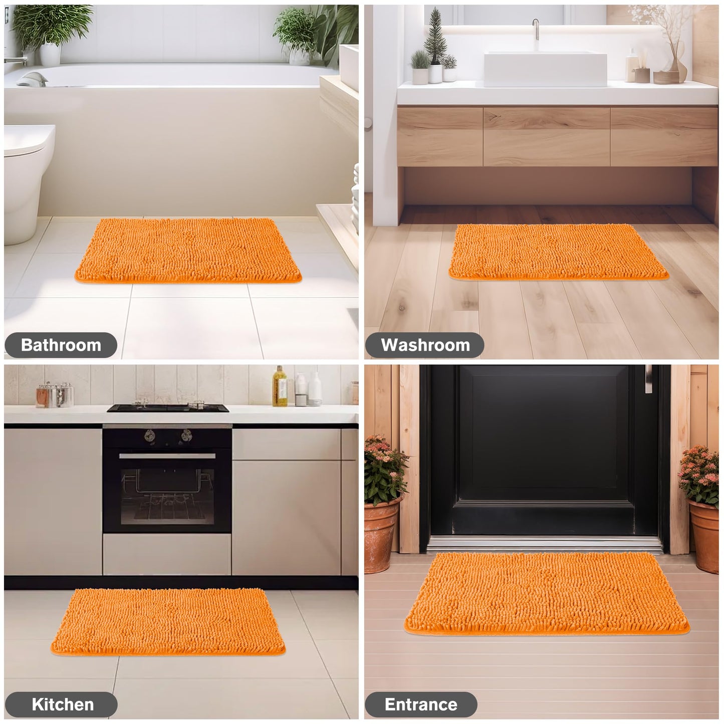 PureSwan Orange Bathroom Rugs – Absorbent and Washable Bath Mat, Non-Slip, Thick Soft Chenille Bath Rugs for Bathroom Floor, Shower, Sink - 17" x 24"
