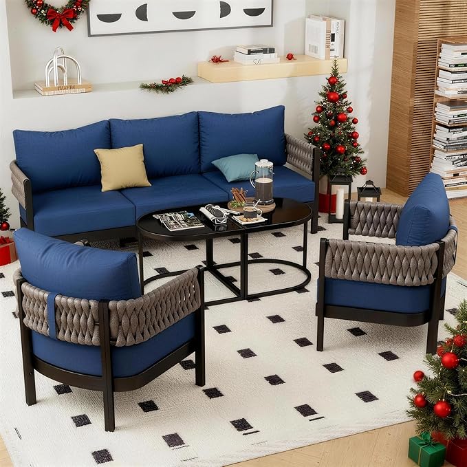 RTDTD Aluminum Patio Furniture Set,5 Pieces HDPE Rope Patio Conversation Sets with Modular Coffee Table,Metal Outdoor Sectional Furniture w/5.9" Thick Cushions for Porch,Deck,Backyard,Navy Blue