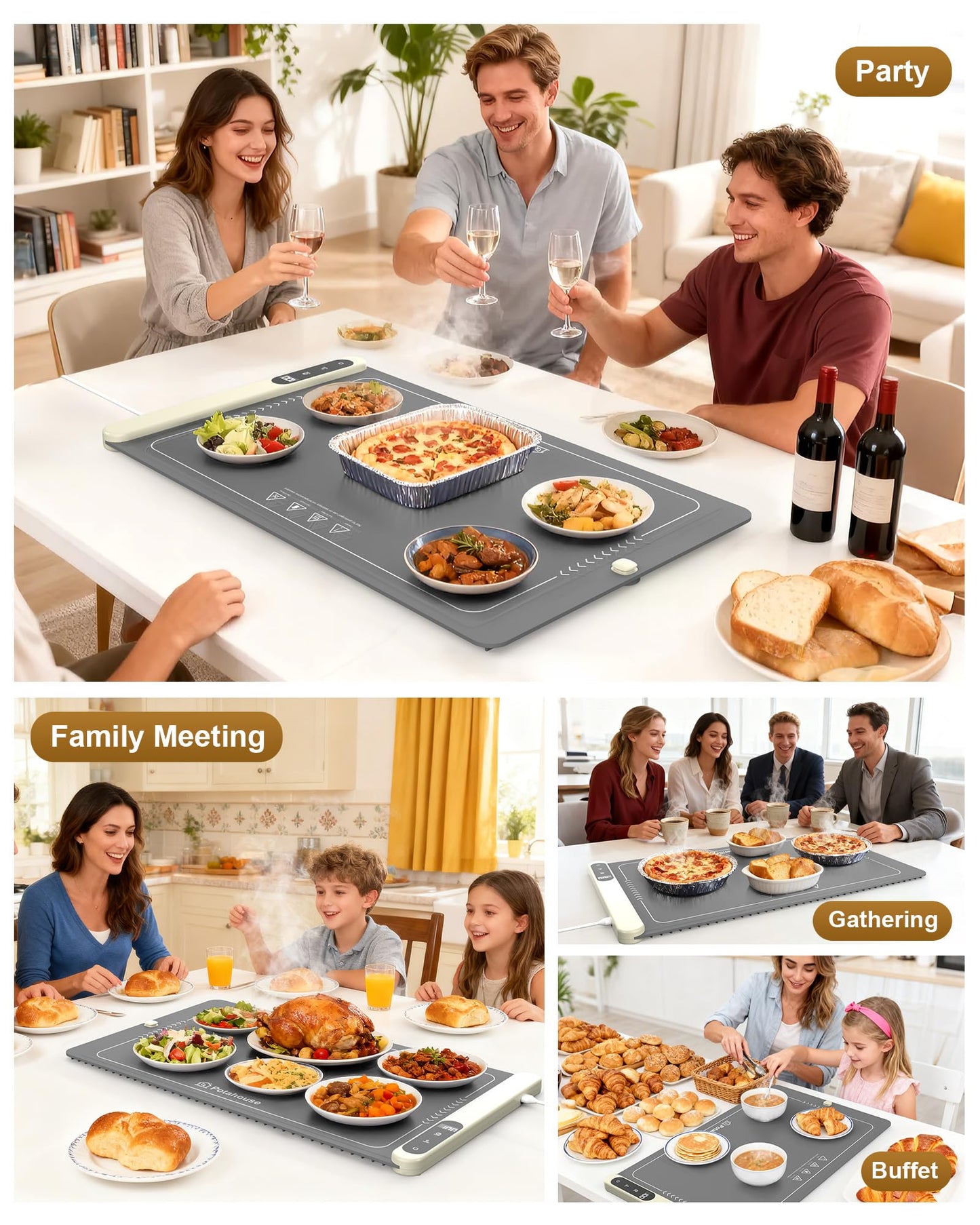 Potahouse® Warming Mat for Food, Graphene Full-Surface Fast Heating, Electric Warming Tray with 6 Temp & Timer Settings, Rollable & Portable Silicone Food Warmer for Parties, Home and Travel, Gray