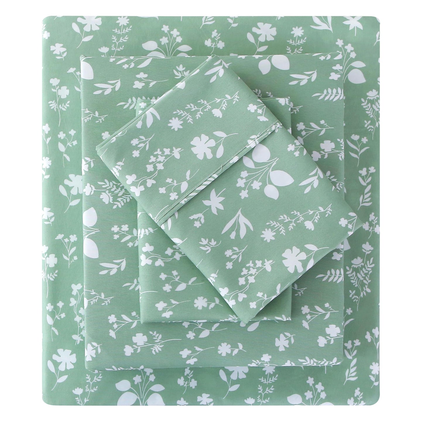 Viviland Sage Green Queen Sheet Set - 4 Piece Vintage Green Flower Patterned Bed Sheets - Soft, Breathable Microfiber Floral Sheets with Deep Pocket, Non-Slip Fitted Sheets & Pillowcases