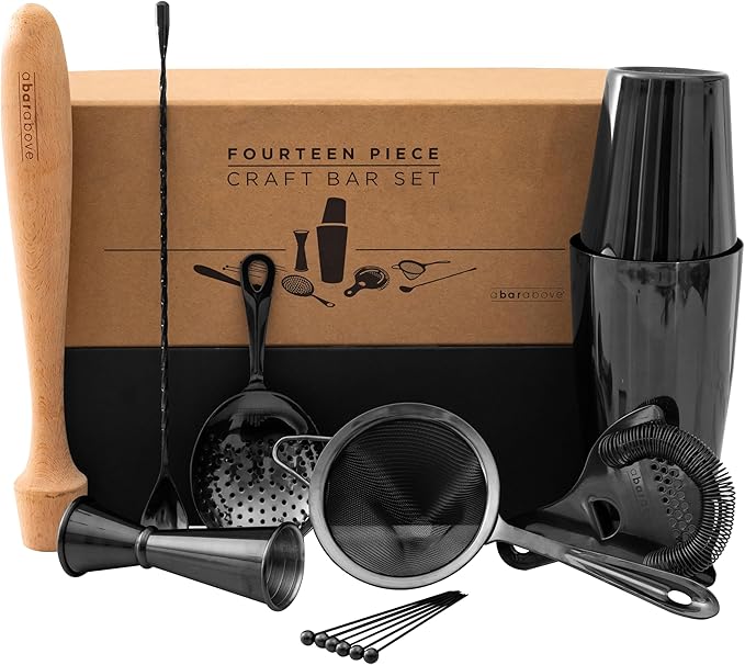 A Bar Above 14-Piece Matte Black Bartender Kit, Modern Bar Tool Set for Home Mixologists and Pros, Includes Black Stainles...