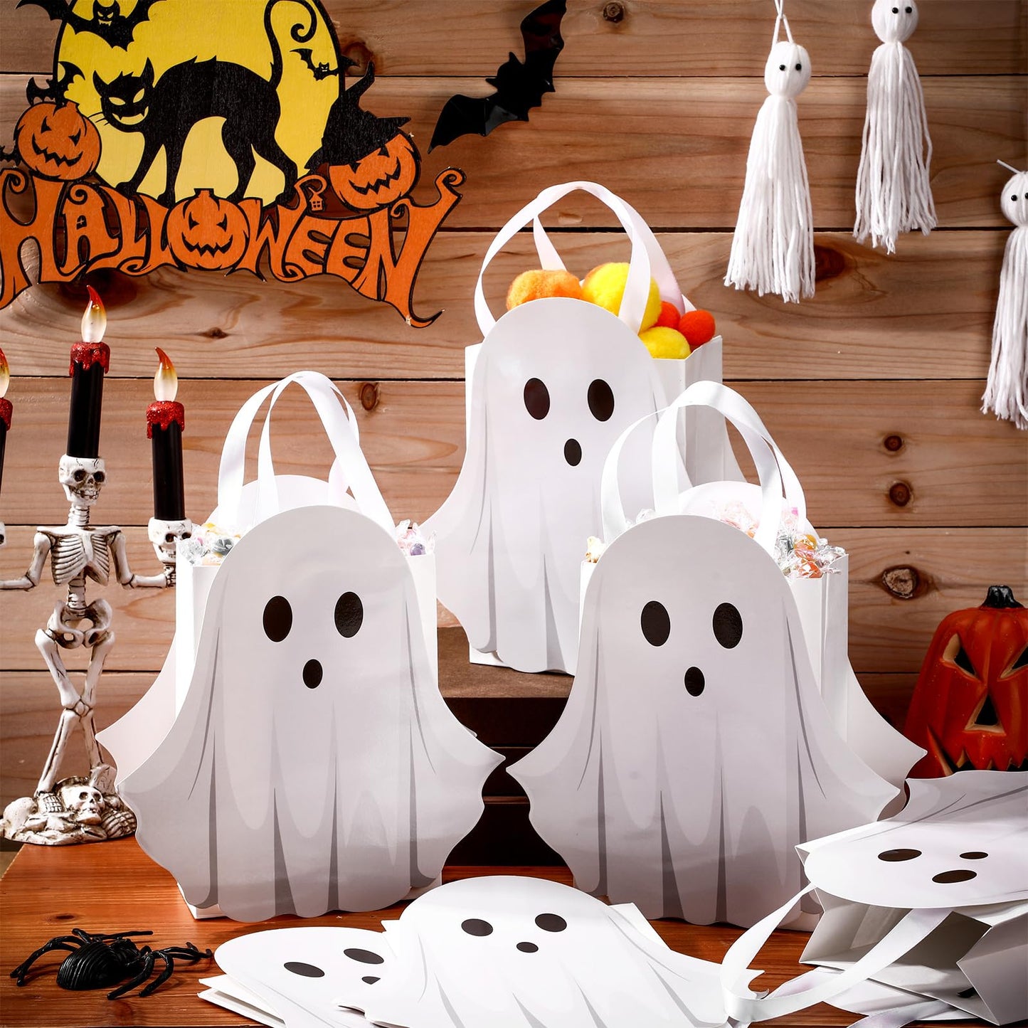 Sweetude 24 Pcs Halloween Ghost Paper Gift Bags Party Favor Bags with Handle for Trick-or-treat Candy Goodie Pastel for Halloween Spooky Birthday Holiday Party Supplies