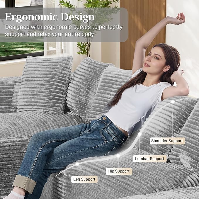 Modular Sectional Sofa, 130" U Shaped Cloud Couch Plush Corduroy Deep Seat Boneless Sofas with 8 Pillows Double Chaise Lounge Sectional Couches with Memory Foam for Living Room - Light Grey