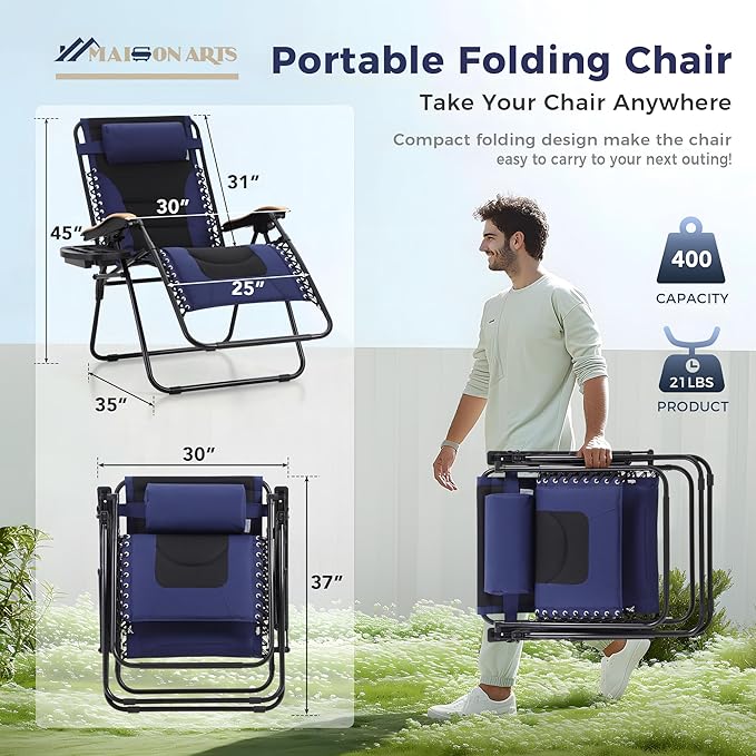 MAISON ARTS Oversized XXL Zero Gravity Chair Set of 2, 30" Wide Seat Padded Foldable Recliner, Anti Gravity Outdoor Lawn Chair for Poolside/Backyard/Beach, Supports 400lbs, Blue
