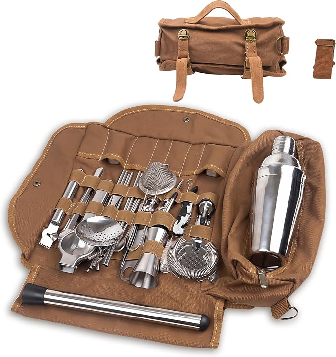 31Pcs Travel Bartender Kit–Bartending Kit with Bar Tools Bartender Accessories,Canvas Tool Bag–Professional Stainless Stee...