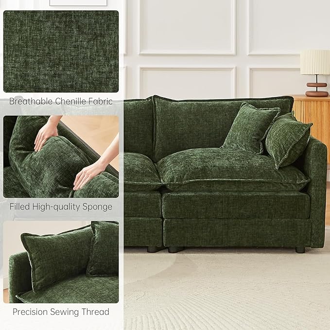 saows Modular Sectional Sofa, 112.2 Inch L Shaped Couch Set with Armrests, 3-Seater Comfy Cloud Couches with Movable Ottoman for Living Room Apartment, Green Sofa