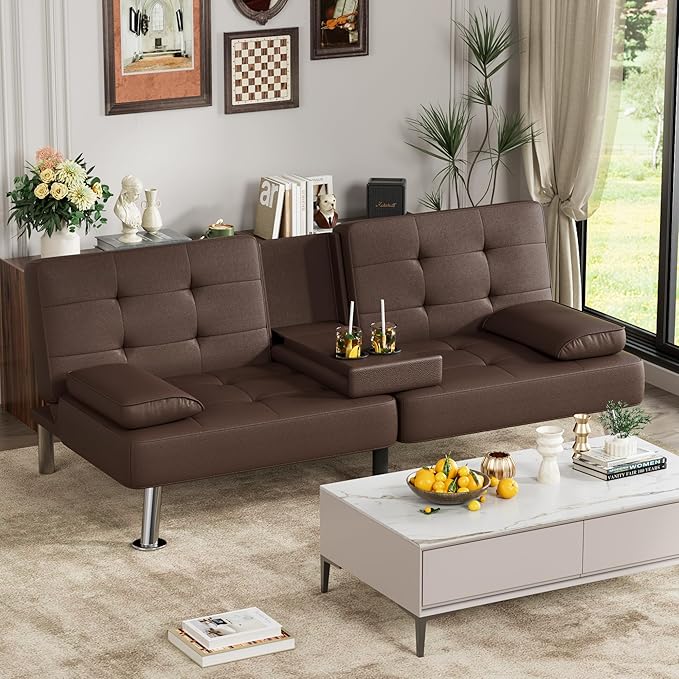 JUMMICO Faux Leather Futon Sofa Bed Futon Couch with Removable Armrests Adjustable Sleeper Sofa Bed with 2 Cup Holders for Living Room (PU Leather, Brown)