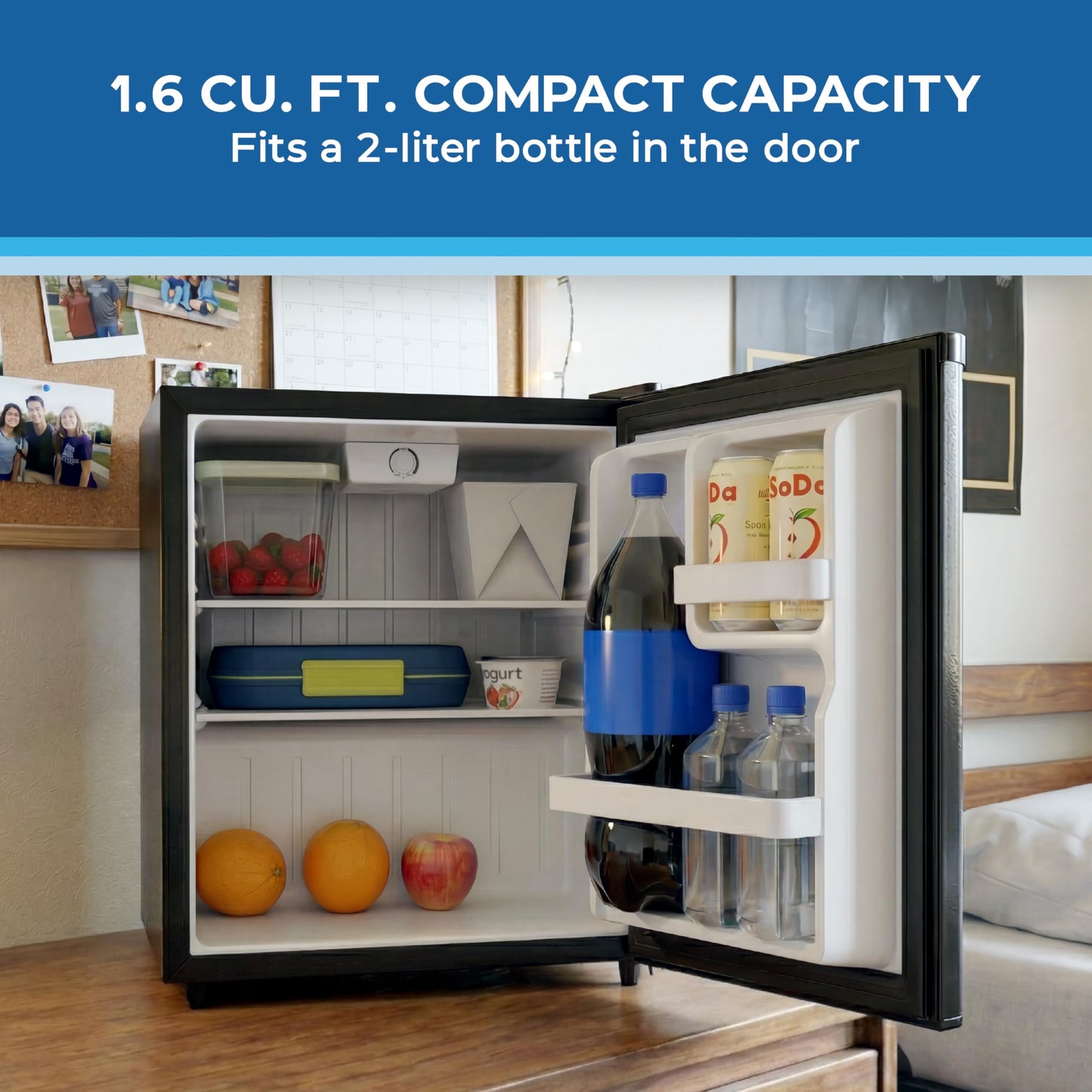 Avanti Mini Fridge 1.6 Cu. Ft. Compact Refrigerator for Dorm, Office & Bedroom, Chiller Compartment, Glass Shelf, Reversible Door with Automatic Defrost, ENERGY STAR, Black