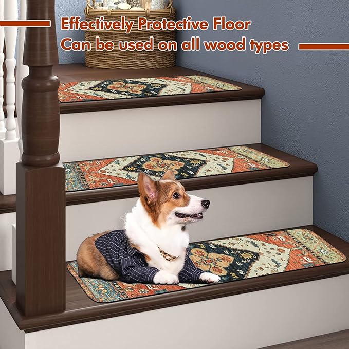 OJIA Non-Slip Carpet Stair Treads for Wooden Steps Set of 15, 30''X8'' Indoor Runner Resistant Rugs Rubber Safety Mats for Dogs, Kids & Elders, Stairway Grip