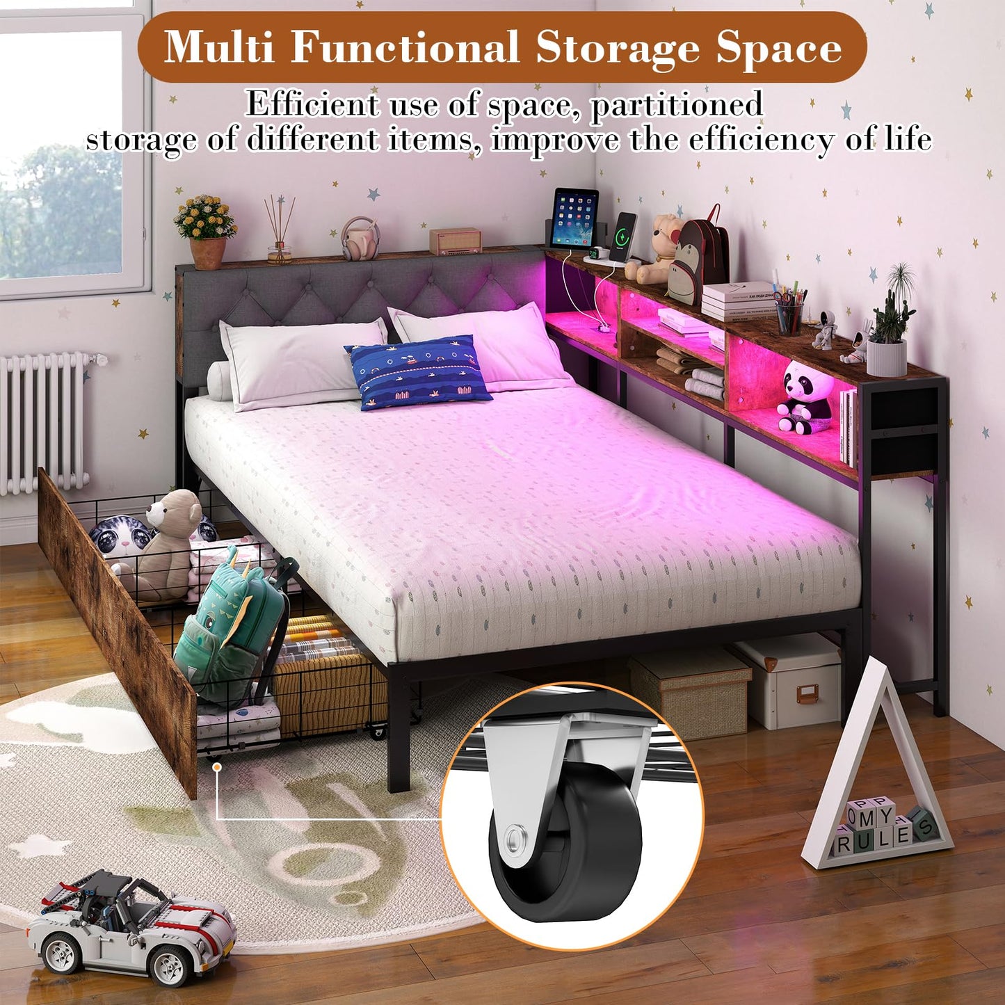 Twin XL Corner Bed Frame with Storage Bookcase and LED Lights, Twin XL Daybed with 2 Storage Drawers, Upholstered Platform Bed with Headboard and Charging Station, Rustic Brown & Gray
