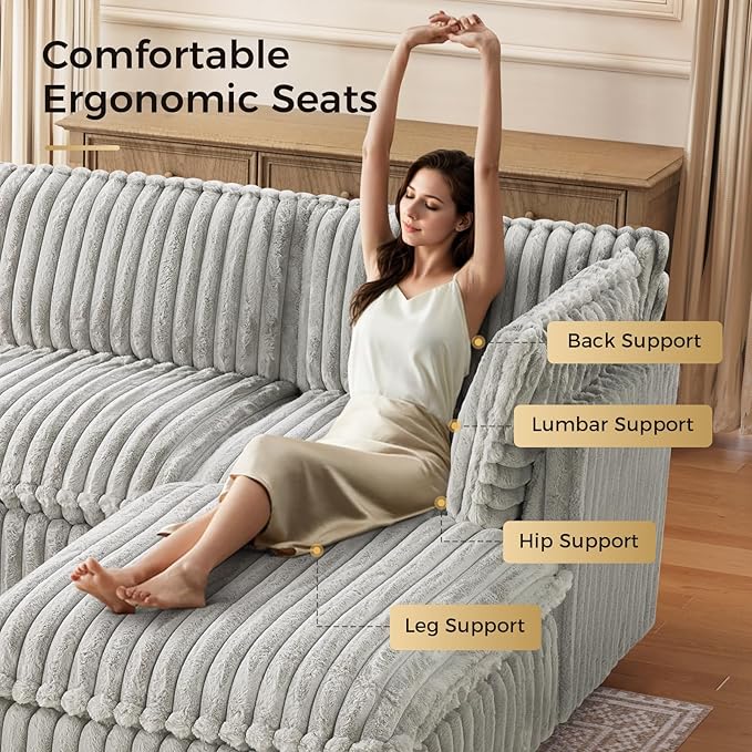 KKL Sectional Modular Couch for Living Room, V Shaped Corduroy Couches with Corner Seat, 5 Seater Oversized Sofa Convertible to Sleeper, Soft Fabric Modern Sofa, Grey