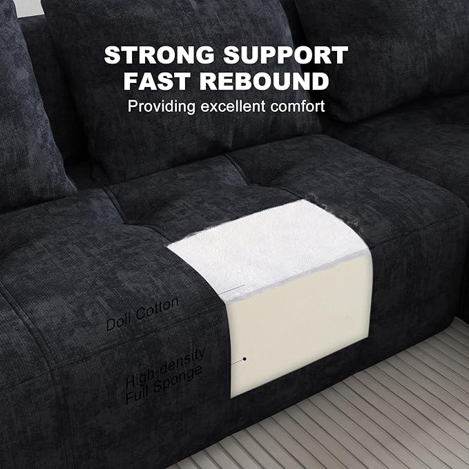 105" Modular Sectional Sofa, Boneless Couch for Living Room, Cloud Sectional Couch with Deep Seat, L-Shape Sofa, Upholstered Couches for Living Room Bedroom, No Assembly Required, Black (Slub Fabric)