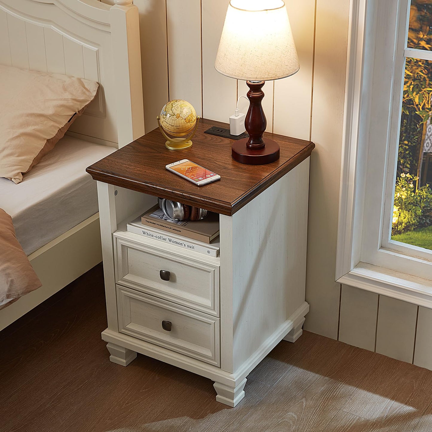 SAVOR LIFE Farmhouse Nightstand Set of 2 with Charging Station, Rustic White Nightstand,2 Drawers End Table for Living Room,Bedside Table with Open Shelf for Bed Room,White