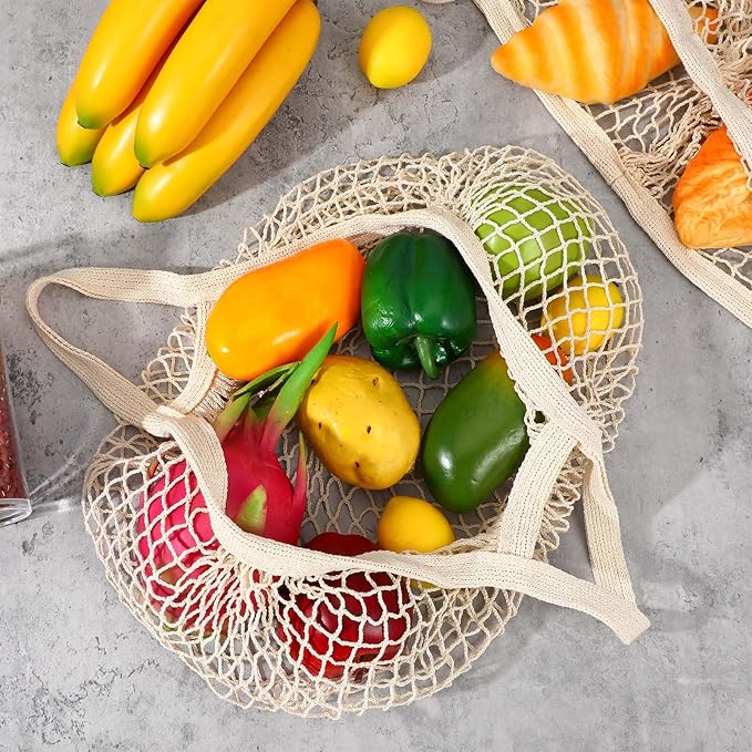 10 Pieces Reusable Mesh Grocery Bags Portable Cotton Produce Containers Washable Net Mesh Reusable Tote Bag with Handle String Shopping Organizer for Fruit Vegetable Shopping Storage Market
