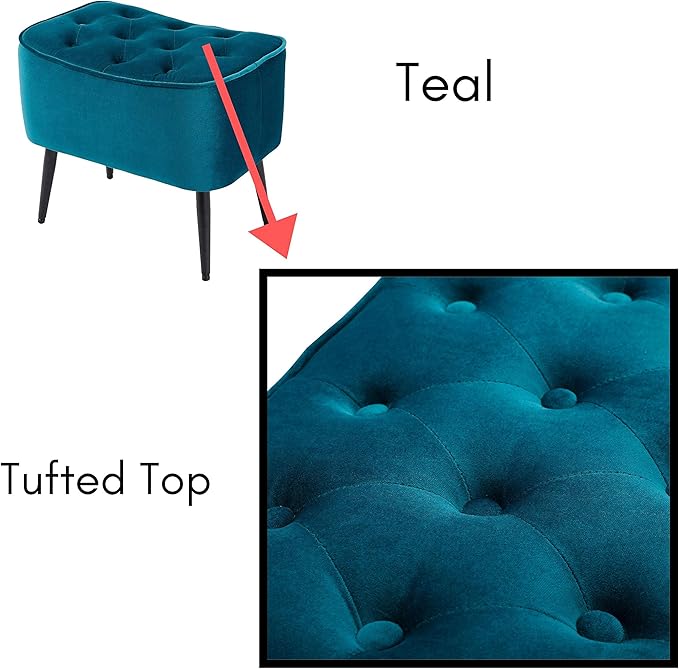 BIRDROCK HOME Tufted Curve Ottoman Velvet Foot Stool - Upholstered Padded Footrest for Living Room or Bedroom - Small Cushioned Accent Chair for Couch, Sofa, Lofted Seating - Modern Furniture - Teal