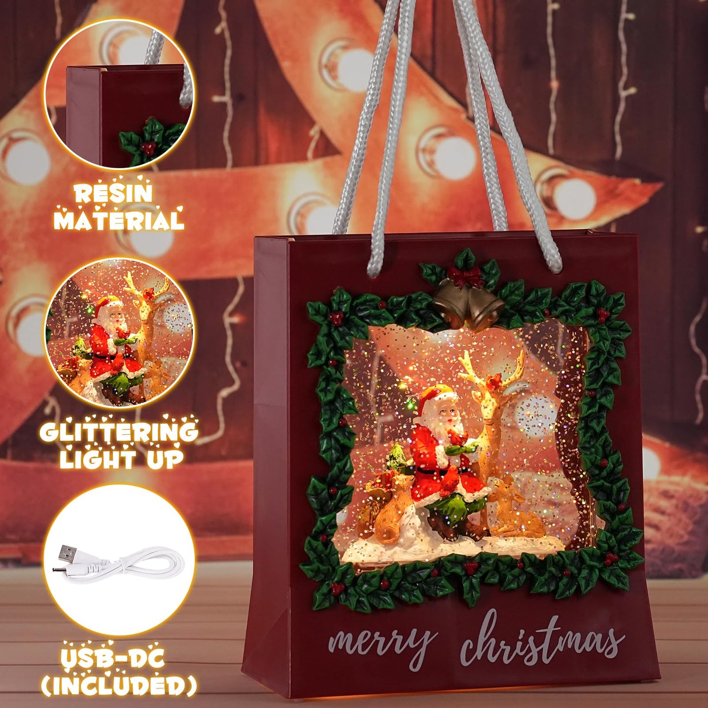 Santa Snow Globe Lantern, Musical Christmas Snow Globes with Swirling Glitter, Santa Claus with Reindeer Lighted Snow Globe Merry Christmas Indoor Holiday Party Gifts and Decorations
