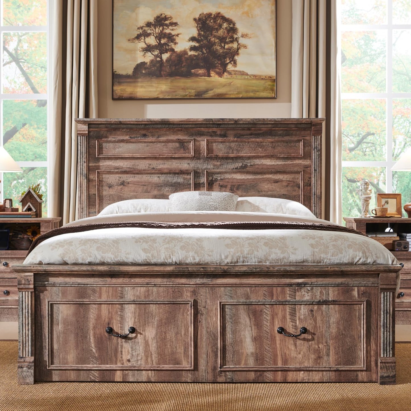 Aitjunz Farmhouse Queen Size Bed Frame with 51" Tall Headboard, Wood Platform Bed Frame with 20" Tall Roman Column Decoration Footboard & 2 Large Storage Drawers, No Box Spring Needed (Light Brown)