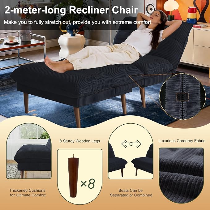 DreamDashio Futon Sofa Bed, 4 in 1 Multi-Functional Futon Couch with Adjustable Backrest, 75 inch Convertible Sleeper Sofa Bed and Recliner Lounge, Corduroy Loveseat for Living Room, Apartment, Black