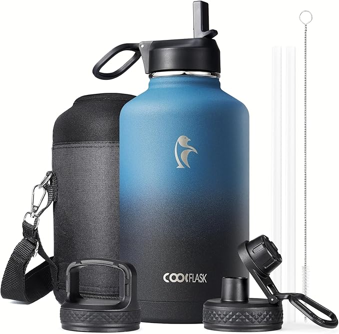 Half Gallon Water Bottle Insulated with Straw & 3 Lids, Coolflask 64 oz Water Jug Large Metal Stainless Steel Wide Mouth f...