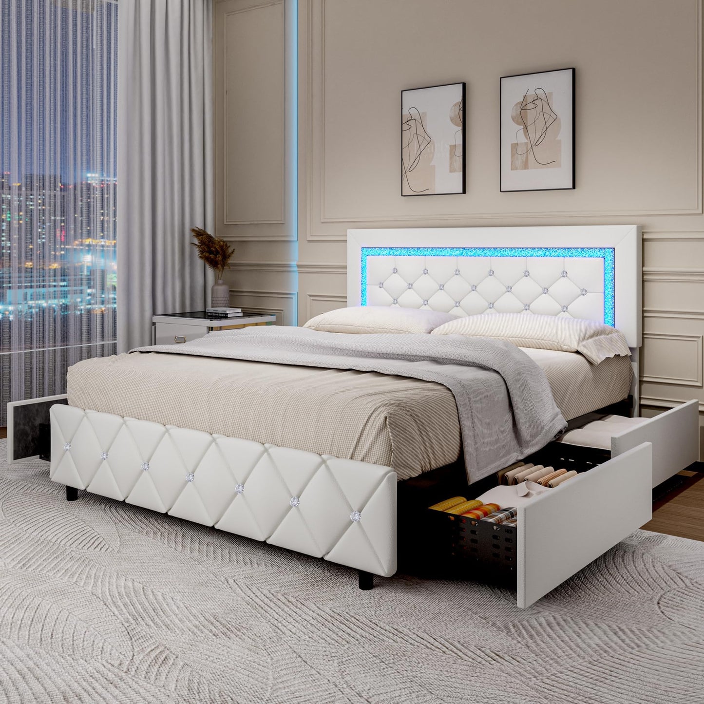 Full Size Bed Frame with LED Lights, Upholstered Bed Frame with Storage Drawers, Princess Platform Bed with Diamond Headboard and Footboard, No Box Spring Needed, White