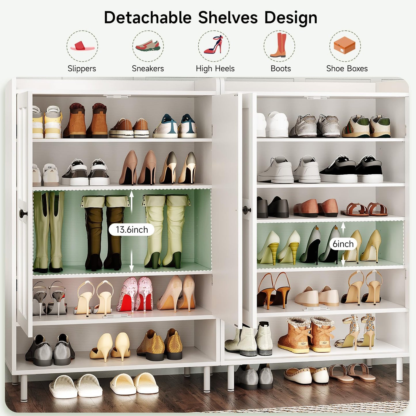 ONBRILL Shoe Storage Cabinet with Cross Molding Doors, 6-Tier Farmhouse Shoe Cabinet with 3 Adjustable Shelves and Metal Legs, 45'' Tall Shoes Rack Organizer Cabinet for Entryway, Front Door, White