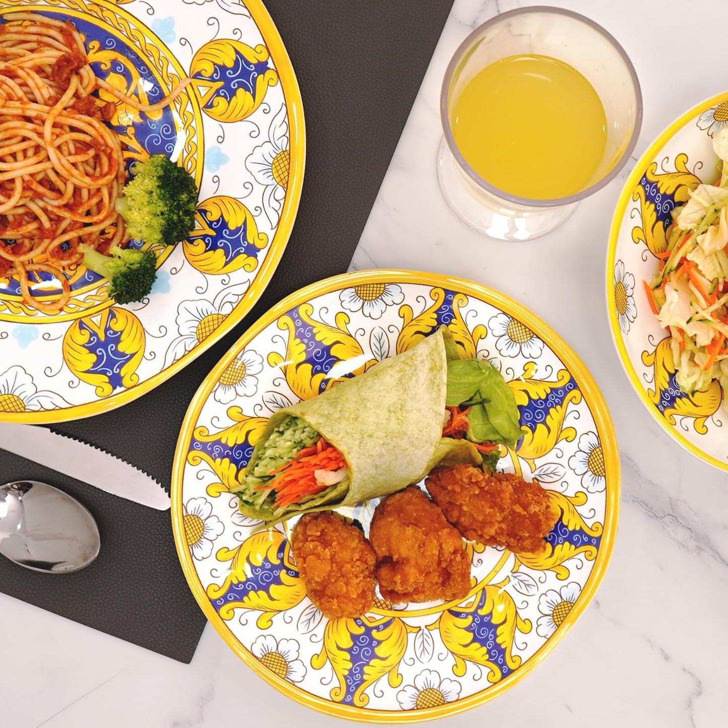 TP 12-Piece Dinnerware Set, Melamine Dishes Set with Bowls and Plates, Non-breakable and Lightweight Dinner Service for 4, Luxury Yellow