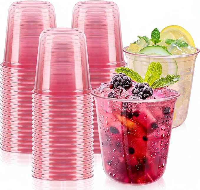 GGOLDMER 50 PCS Pink Plastic Cups - 12oz Disposable Stemless Wine Glasses, Clear Pink Cocktail Party Cups for Valentine's ...