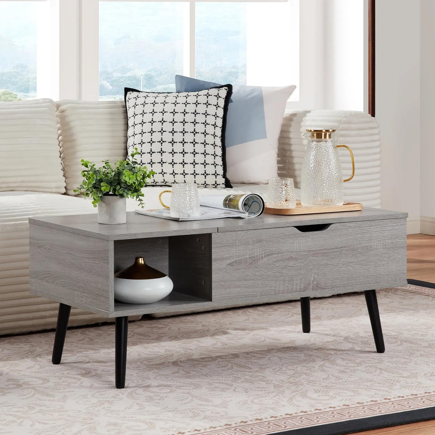 SANODESK 39" Wood Lift Top Coffee Table with Hidden Compartment and Storage Shelf for Living Room, Reception Room, Grey