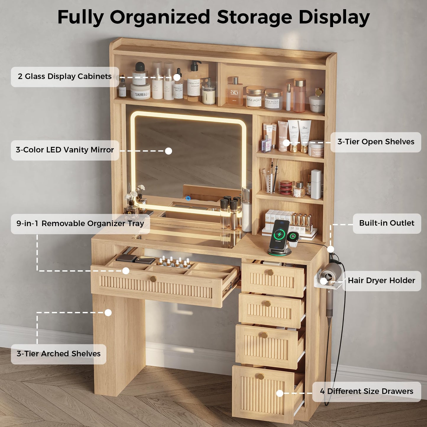 IRONCK Vanity Desk with LED Lighted Mirror, 3-Color Dimmable Makeup Vanity with Glass Top & Charging Station, 4 Drawers & Open Shelves, 63" H Vanity for Bedroom, White/Natural Wood