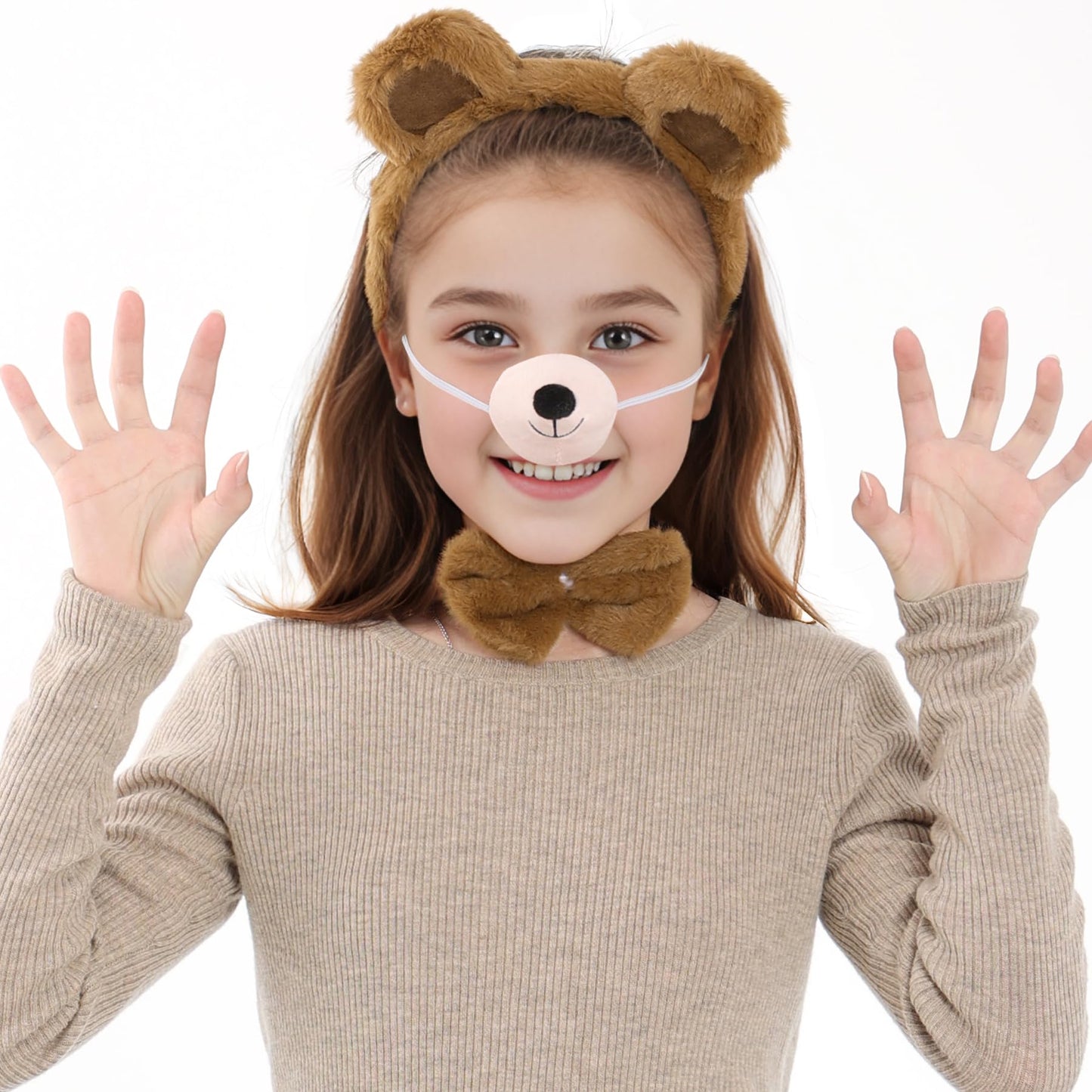 Jmkcoz 4 Pieces Bear Costume Set Bear Ears Headband and Tail Nose Bowtie for Halloween Carnival Animal Cosplay Party (Brown)