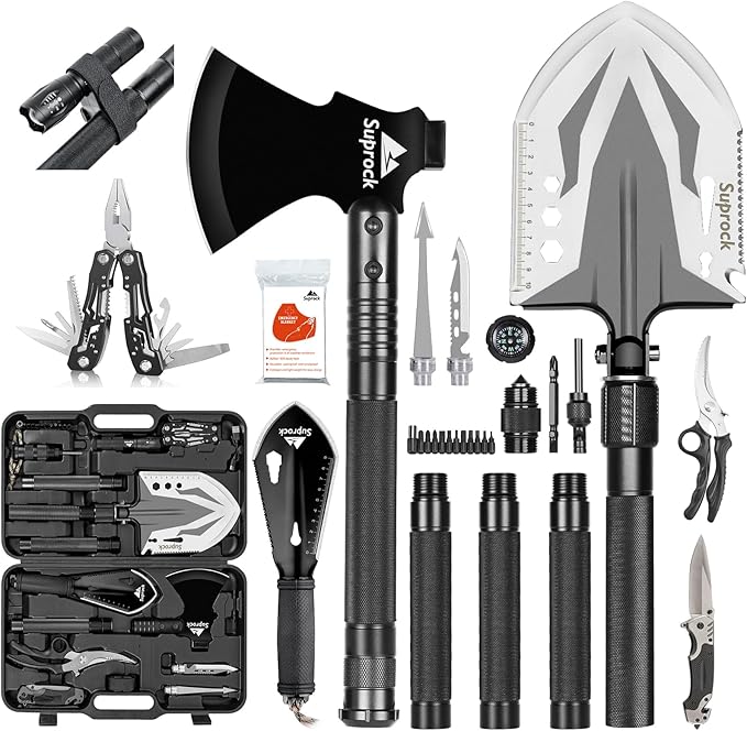 SUPROCK Survival Shovel and Camping Shovel, 30-in-1 Tactical Shovel Axe with High Carbon Steel, Folding Entrenching Tool w...