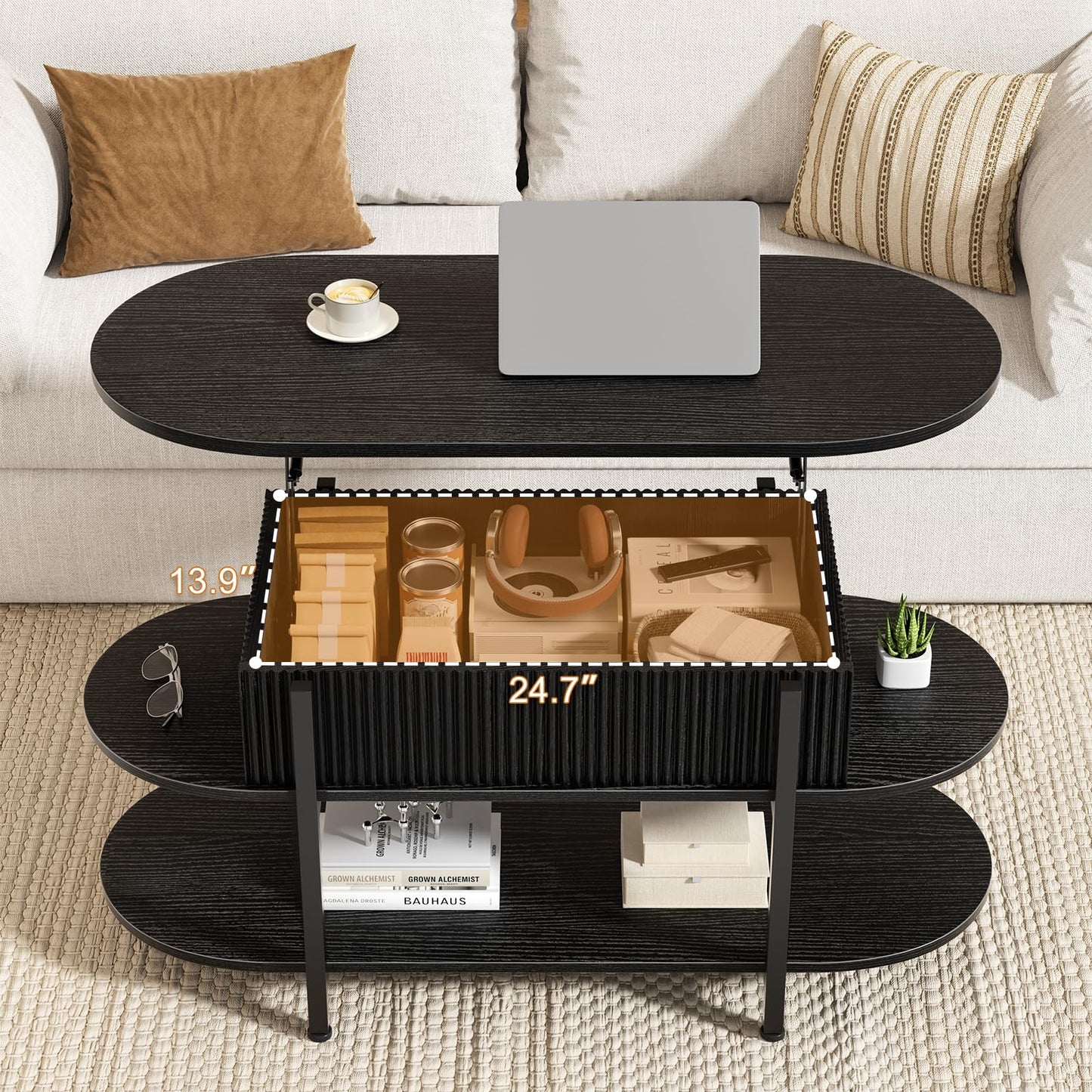 FABATO 41.7" Oval Lift Top Coffee Table, Fluted Wood Center Table with Hidden Storage, 3 Tier Small Tables with Curved Edge, Modern Narrow Coffee Table for Living Room Reception Room, Black