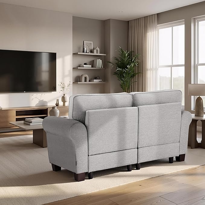MCombo 67.7" Loveseat Sofa, 2-Seater Small Couch for Small Spaces, Classic Rolled Arm Upholstered Sofa with Solid Wood Legs for Living Room, Removable Cover, Chenille Fabric VE730 (Light Grey)