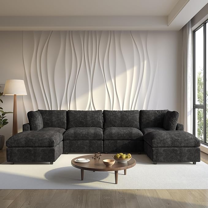 WJShome Cloud Couch Modular Sectional Sofa, 134" U Shaped Couch for Livingroom, Oversized Convertible Wide Seater with 2 Ottomans Living Room Set, Covers Washable&Replaceable,Black