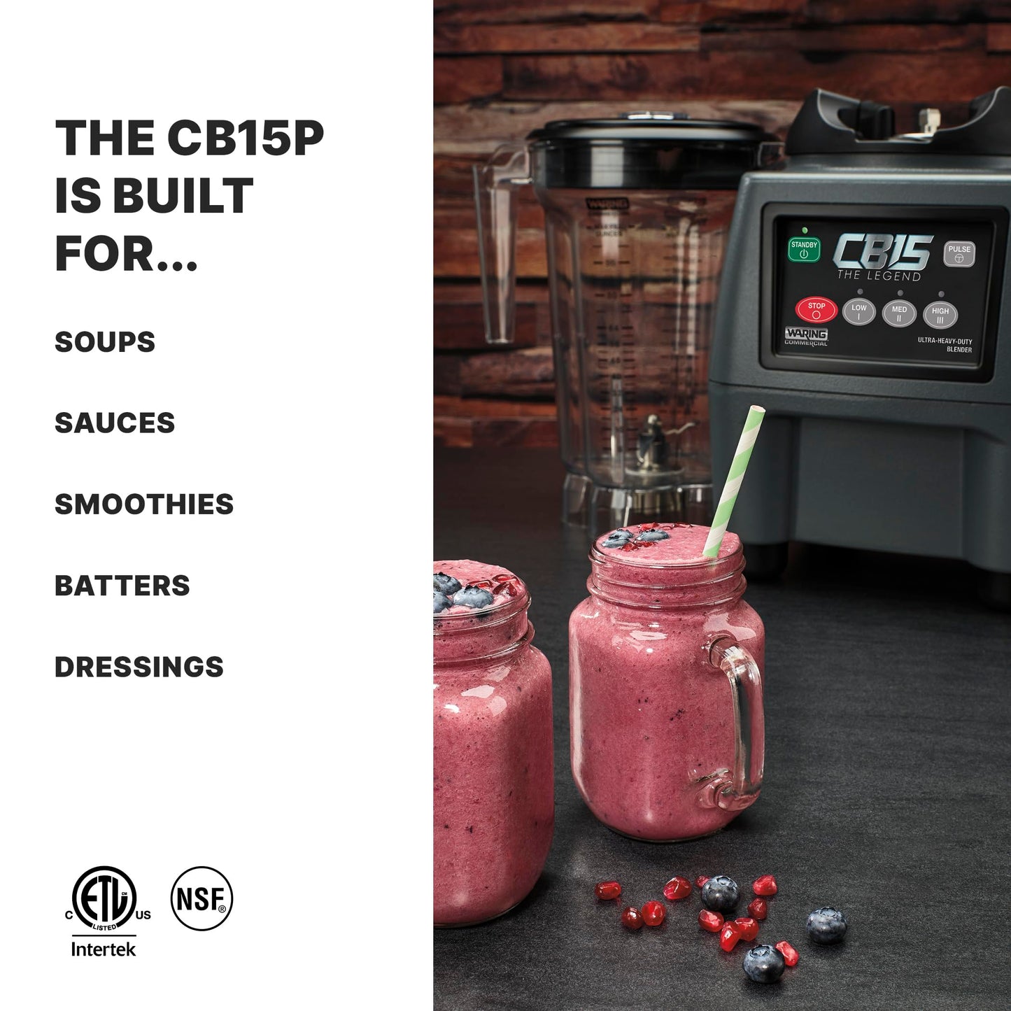 Waring Commercial CB15P Ultra Heavy Duty 3.75 HP Blender, Electric Touchpad Controls with BPA Free Copolyester 1 Gallon Container, 120V. 5-15 Phase Plug,Stainless Steel, Black