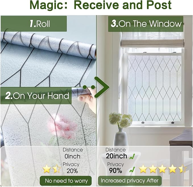 Windimiley Window Privacy Film Stained Glass Static Clings, Bathroom Frosted Leaded Decorative Window Stickers, UV Heat Blocking Opaque Removable for Home Door Coverings (23.6 x 157.5in,Pure)