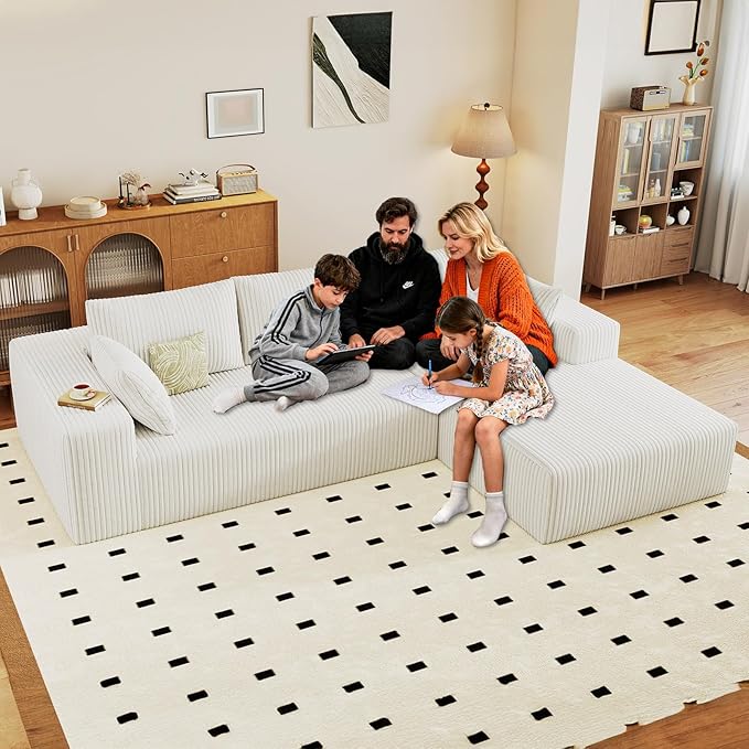 96" Cloud Sectional Couch with L-Shape Chaise, Modern Corduroy Boneless Couch for Living Room,Memory Foam Sofa with Deep Seat,No Assembly Required (White,Right-Facing Chaise)