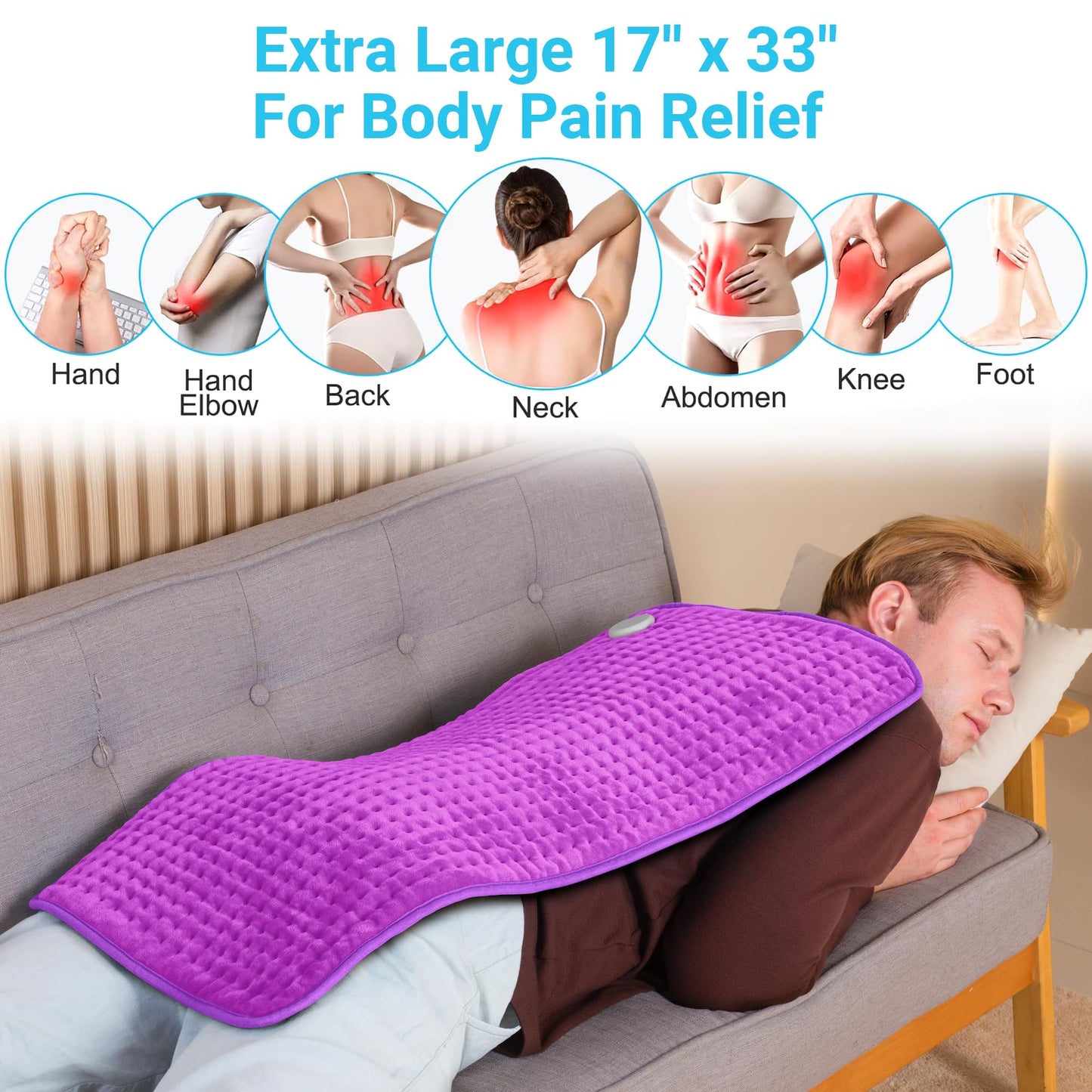 Boileau Electric Heating Pad for Back Pain and Period Cramps Relief, 17"x33" Extra Large XXXL, 3 Heating Levels Heat Pad with 2-Hour Auto Shut Off, Gifts for Women and Mom, Purple