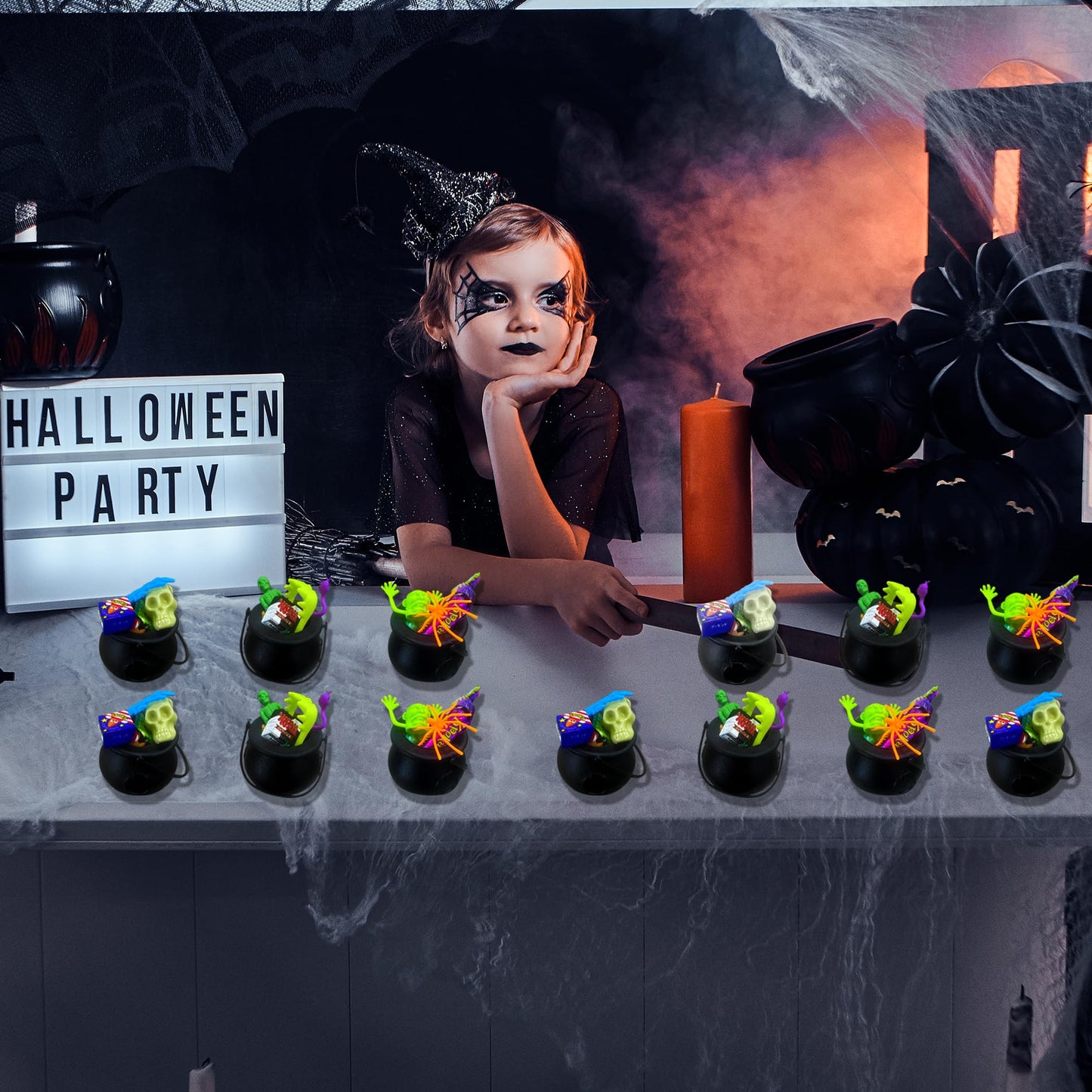 Grisofaa 24 Pack DIY Halloween Witch Bucket Treat Bags - 288 Pcs Halloween Party Favors with 264 Spooky Toys, Build Your Own Goodie Bags for Kids,Candy Bags & Gift Basket Stuffers